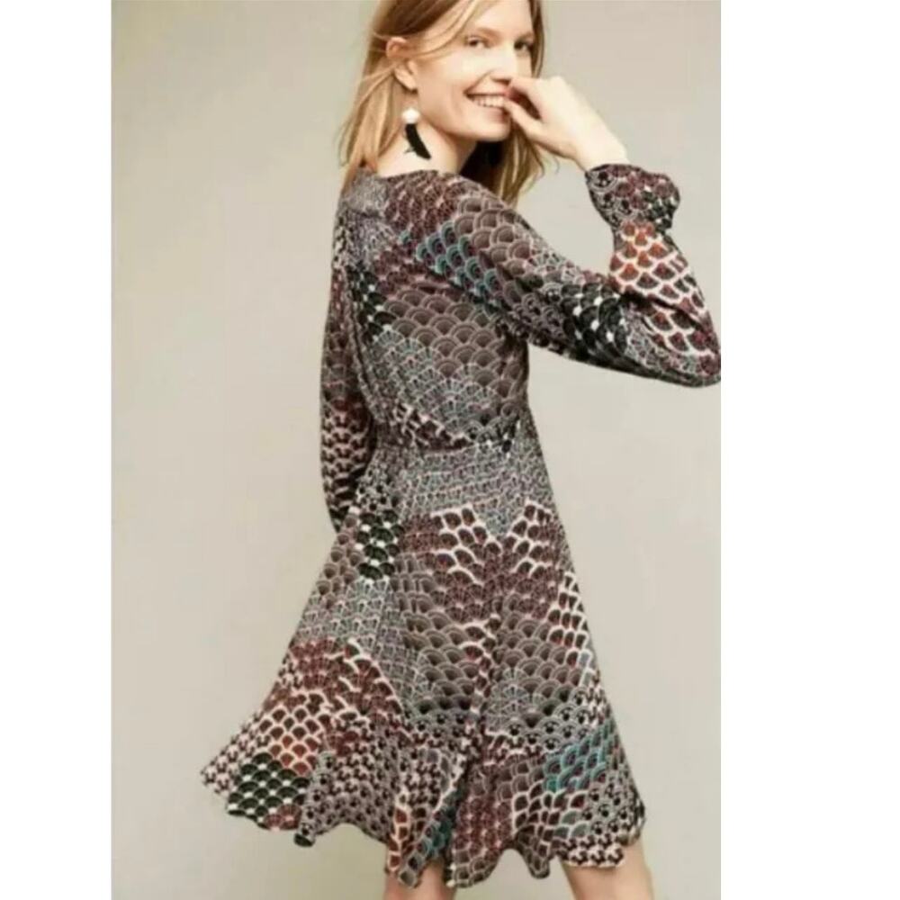Anthropologie Maeve Monaco Fan Print Long Sleeve Dress Size XSmall Babydoll Boho - Picture 12 of 12